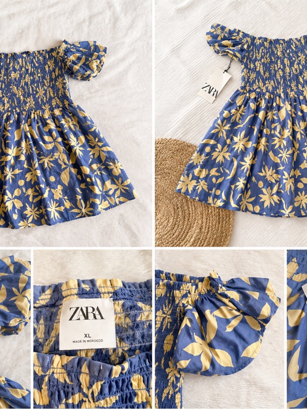 ZARA Blue and White Floral Smocked Off-Shoulder Dress